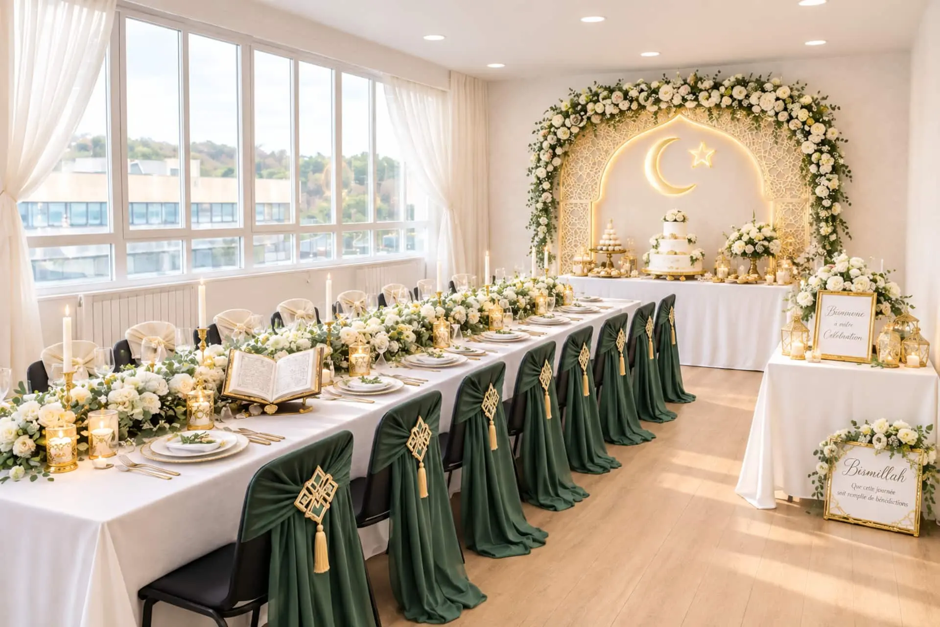 Le Loft dressé pour un mariage, longue table et arche fleurie