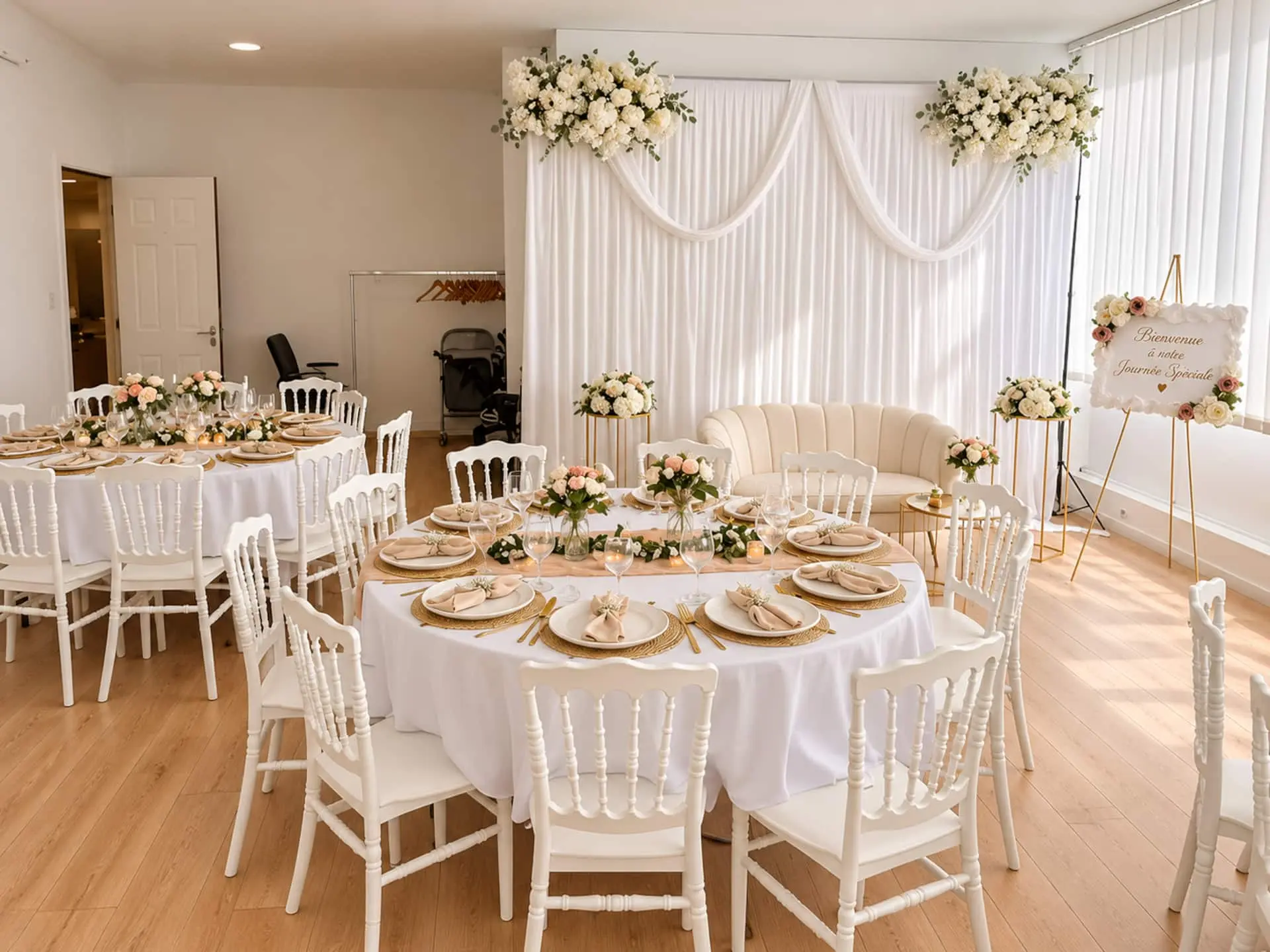 Tables rondes dressées pour un mariage